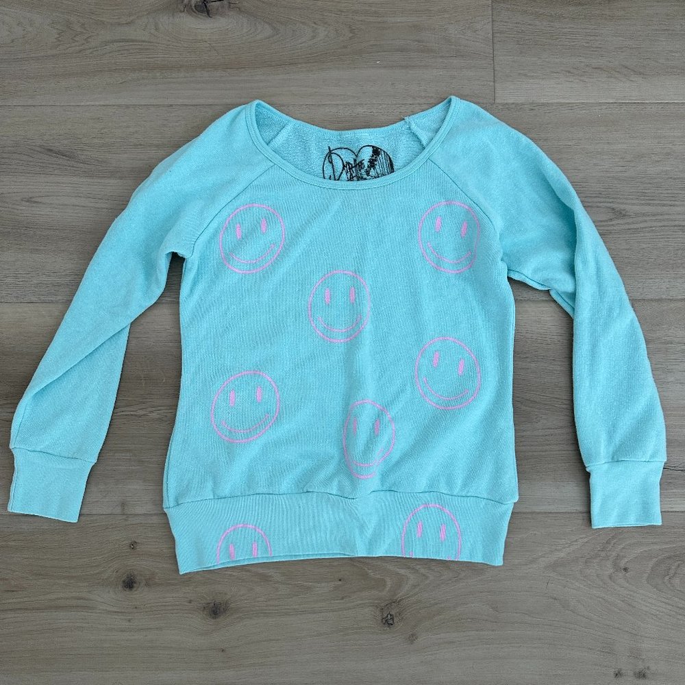 Dirtee Hollywood Sea foam green with pink smiley face terry cloth sweatshirt